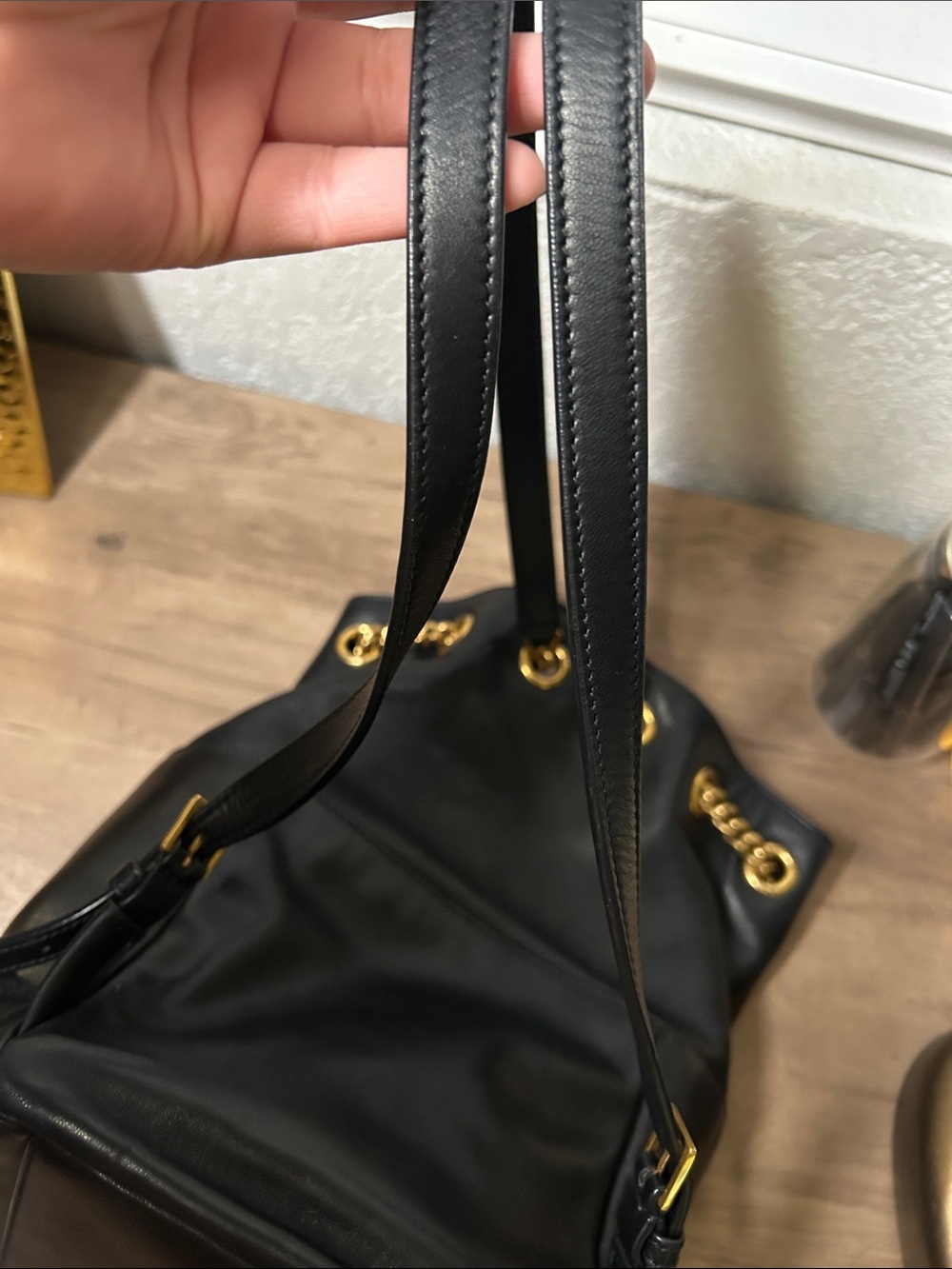 Saint Laurent Black Leather Drawstring Backpack with Gold Hardware - Picture 10 of 11